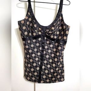 Laundry by Shelli Segal LG 100% silk fitted tank, black with tan chain print